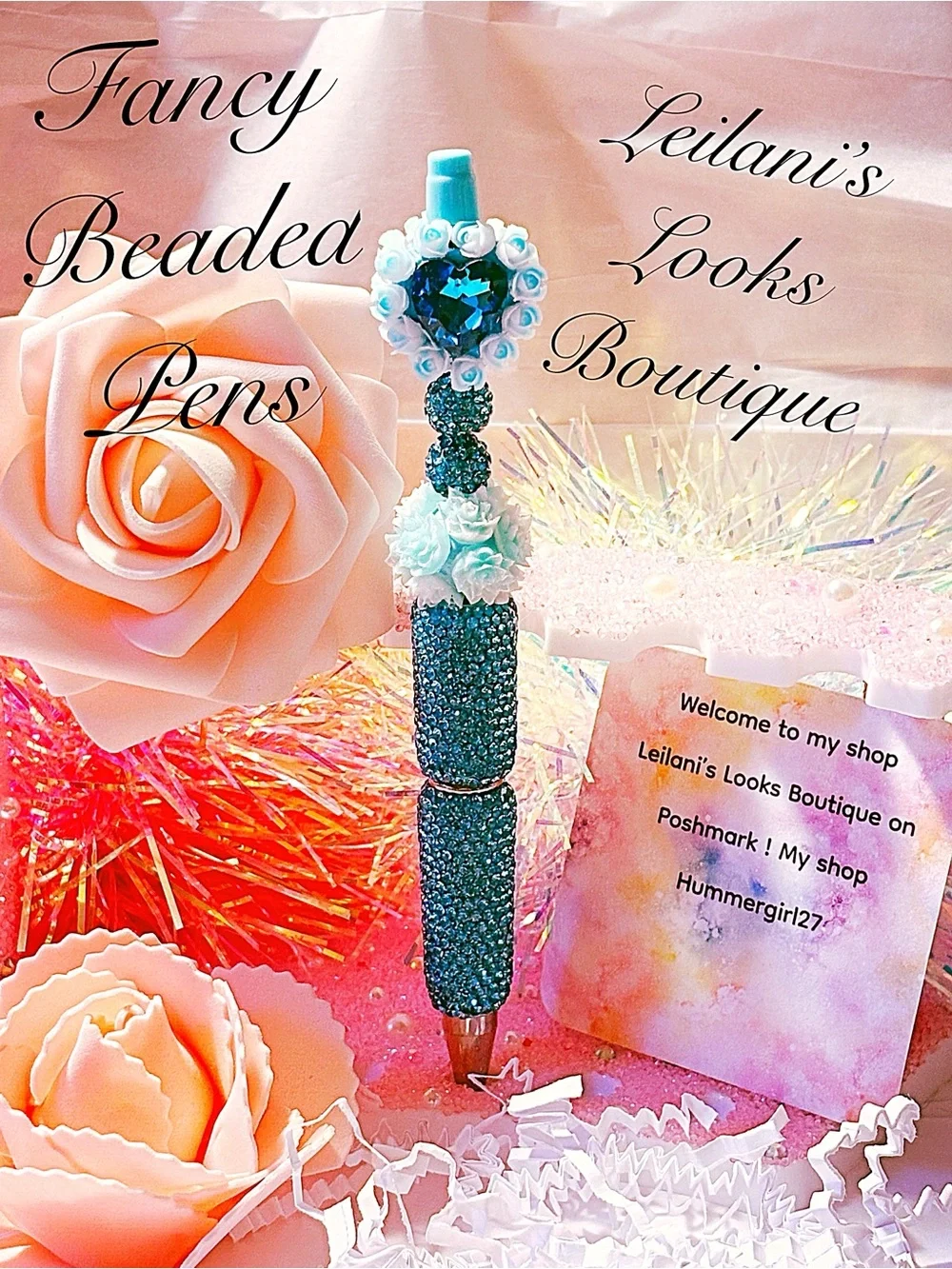 Aqua Teal Beaded Decorative Pen with Heart Accent/ Fancy beaded Pen/gifts